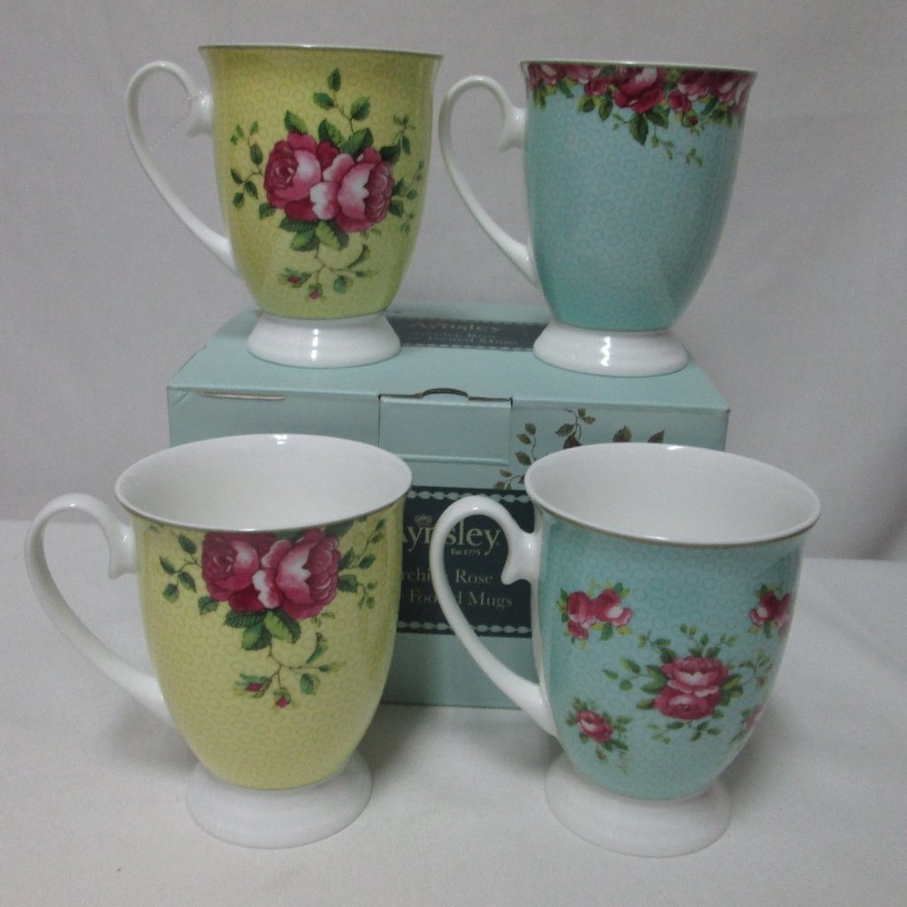 AYNSLEY Archive Rose footed Mugs Cups floral yellow blue Footed Fine China NEW